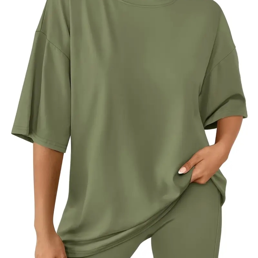size M Olive Green Oversized T-Shirt and Leggings Set